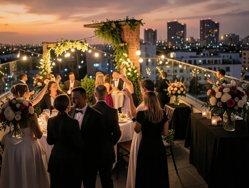 A rooftop wedding reception at dusk