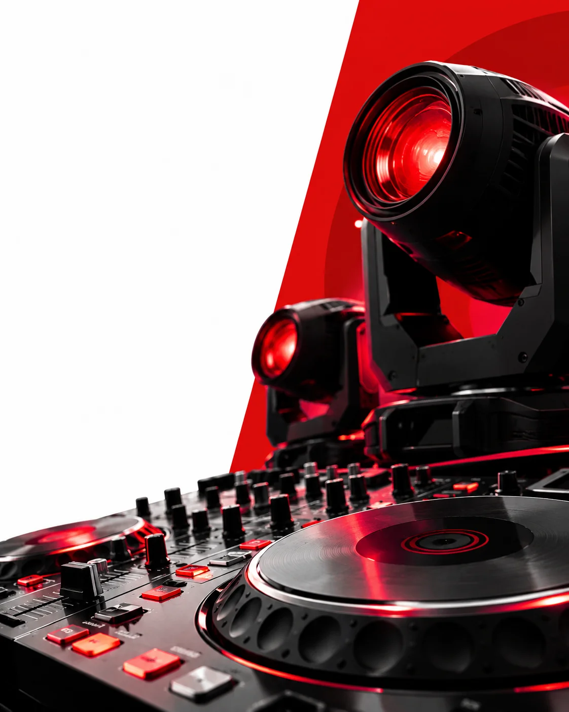 Moving-head stage lights above a DJ mixer