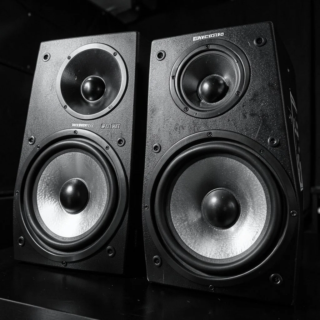 Three black speakers sized for different rooms