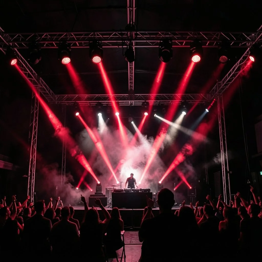 Red stage lights over a crowd at a festival