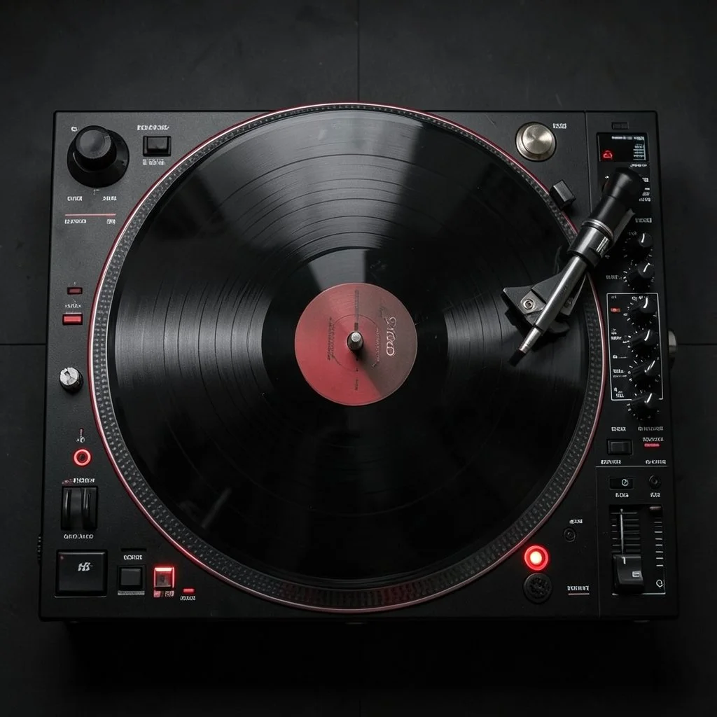 Close-up of a black turntable with a red label